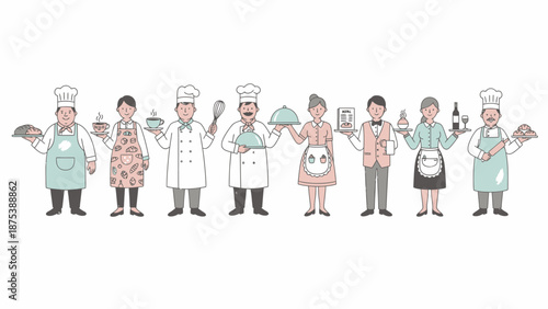 Charming Restaurant Staff Illustration: Group of Chefs, Bakers, Waiters, and Servers in Hospitality Uniforms.