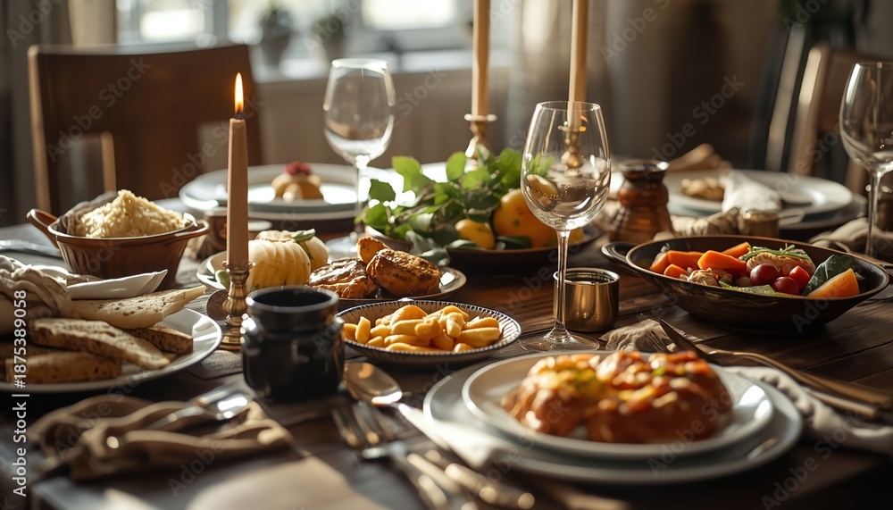 Fototapeta premium A beautifully set dining table with a variety of food and wine glasses in a warm and inviting atmosphere.