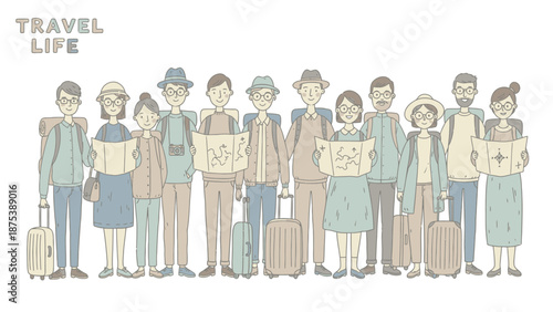 Hand-Drawn Group of Tourists and Travelers Holding Maps and Luggage. Diverse People Ready for Vacation, Adventure, or International Trip.