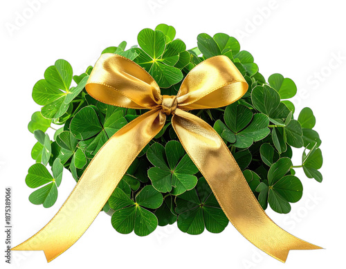 A cluster of green clover leaves adorned with a shiny gold ribbon bow against a black backdrop