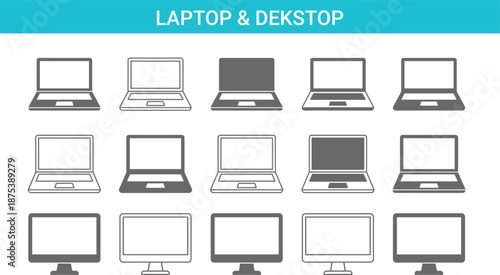 Laptop and desktop computer icon set in black and white silhouette style, isolated vector symbols for technology, office equipment, web design, app UI, infographic elements