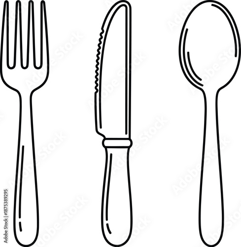 Minimalist black and white line art illustration featuring a simple fork knife and spoon set ready for dining presentation or culinary design projects.