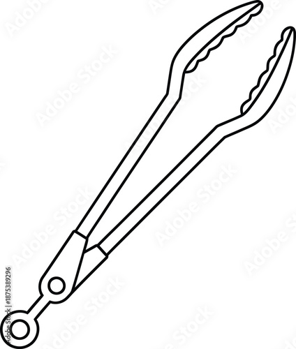 Simple outline illustration of long kitchen tongs featuring scalloped edges for secure gripping of food items during cooking or serving tasks