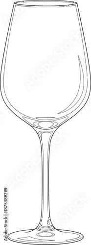 Elegant line art drawing of a sophisticated empty wine glass isolated on a bright white background perfect for beverage illustration projects