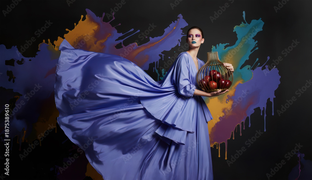 Fototapeta premium Fashion portrait of elegant woman in couture dress with surreal abstract paint background. Art Backdrop