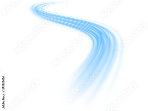 Futuristic blue neon laser lines show speed motion across a city highway traffic flow. Light dynamic wave trails and energy swirl create dynamic movement. Modern vector illustration PNG.