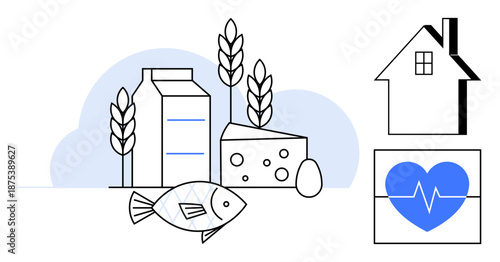 Healthful eating, sustainable living, nutrition awareness, heart health, wellness lifestyle, organic choices. Milk, cheese fish wheat home heartbeat icon. Healthful eating and sustainable living