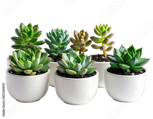 Assortment of vibrant succulents in white ceramic pots arranged for display