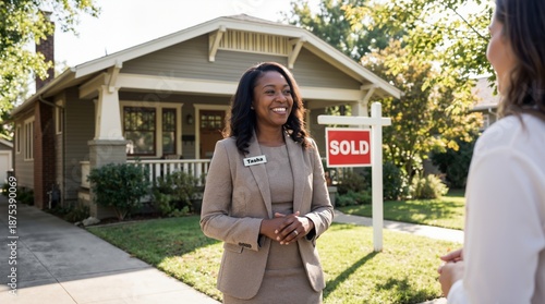 Black woman real estate agent smiling and talking to client in front of house with sold sign. Successful property sale and home ownership business banner with copy space