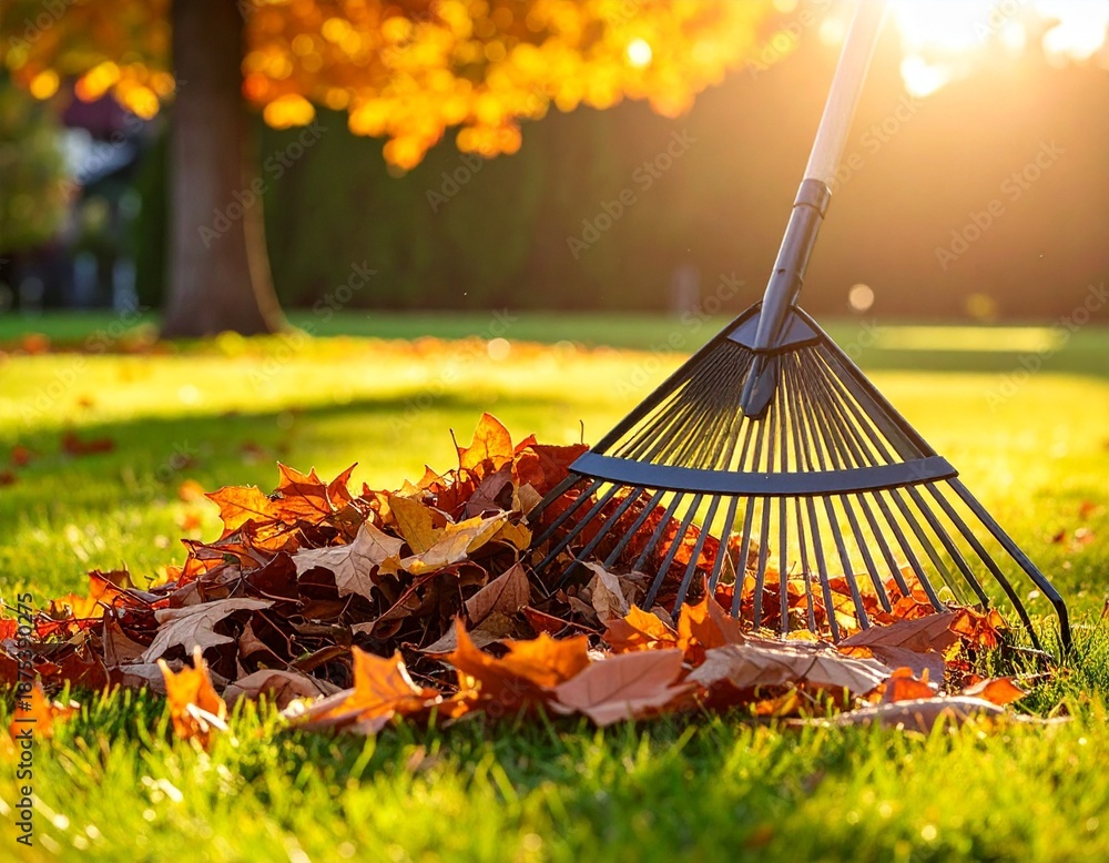Obraz premium Pile of fall leaves with fan rake on lawn autumn yard cleanup seasonal nature garden scene