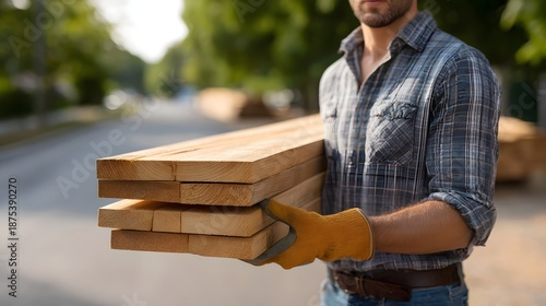 Wallpaper Mural A builder wearing work gloves carries a stack of wooden planks outdoors on a sunny day Torontodigital.ca