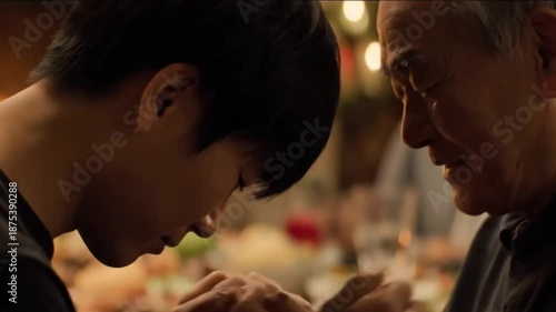 Honor Thy Father and Mother — A son bows to kiss his parents’ hands at a warm hearth-lit feast; golden light crowns their aged faces in a tender, photorealistic moment of reverence and love.