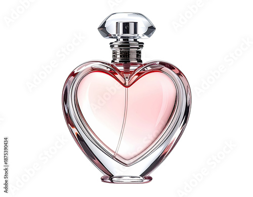 Heart-shaped perfume bottle, clear glass, pink liquid, diamond-cut stopper on black background