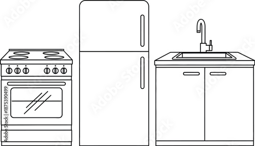 Minimalist black and white line art illustration depicting essential kitchen appliances including a stove refrigerator and sink cabinet unit.