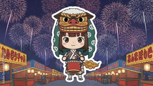 Chibi Girl Lion Dance Japanese Festival Vector