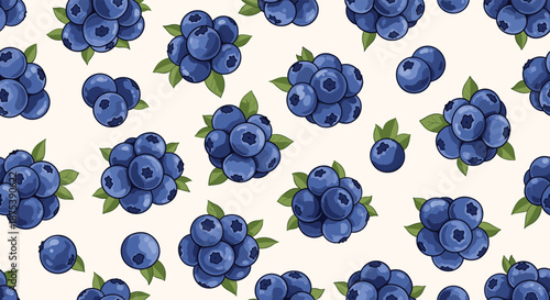 Seamless pattern featuring plump, ripe blueberries with green leaves scattered across a light background, ideal for food and nature-themed designs.