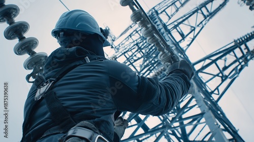 Lineman in safety gear inspecting high voltage insulators on a massive electrical transmission tower, concept for infrastructure management, energy advertising and industrial maintenance projects