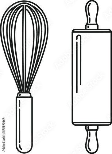 Simple black and white line art illustration depicting essential baking tools including a wire whisk and a classic wooden rolling pin for pastry preparation