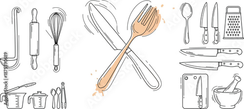 Diverse collection of hand drawn kitchen utensils and cooking tools featuring whisks ladles knives forks measuring cups and a mortar pestle