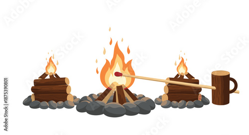 A central campfire is ignited by a match, flanked by two smaller burning campfires, with a wooden mug on a stick.