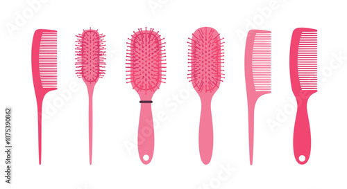 Assortment of pink hair combs and brushes, essential styling tools for daily hair care and professional salon use against a white backdrop.