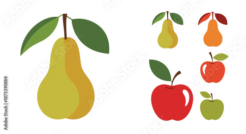 A vibrant collection of stylized vector illustrations featuring fresh pears and apples in various colors and sizes, complete with stems and leaves.