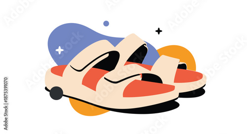 A pair of comfortable and stylish casual sandals with colorful abstract background elements.