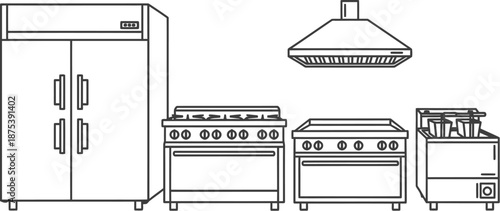 Simple line art illustration depicts essential commercial kitchen equipment setup including a large refrigerator range ovens ventilation hood and deep fryer unit.