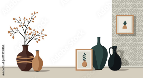 A modern minimalist home decor scene featuring an assortment of ceramic vases, leafy branches, and framed abstract art on a white and patterned wall.