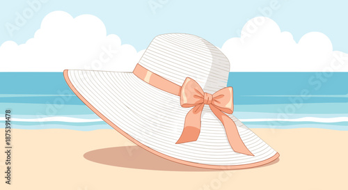 A chic wide-brimmed straw sun hat with a peach ribbon and bow, gently placed on the sandy beach next to the calm blue ocean under a cloudy sky.