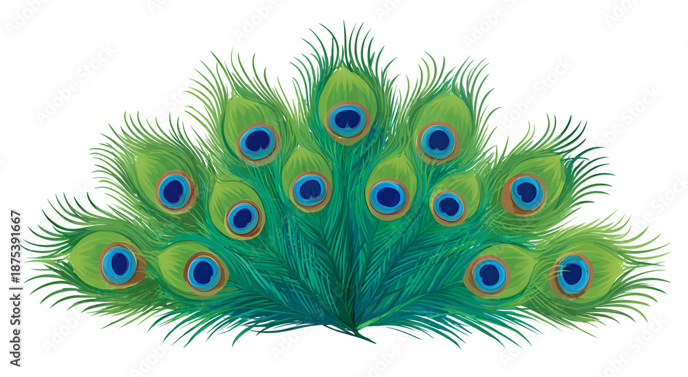 Obraz premium Digitally created illustration of vibrant peacock feathers arranged in a stylized, fan-like display