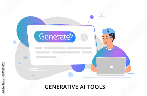 AI generative online tools and services for users. Flat gradient vector illustration of happy teenager sitting with laptop and using generative ai tools online 