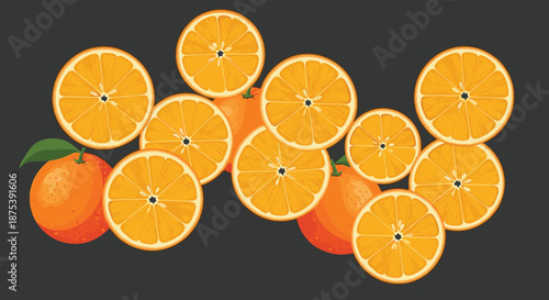 An artistic display of fresh, ripe whole oranges and vibrant cross-sections of orange slices, revealing the fruit's juicy interior against a dark backdrop.