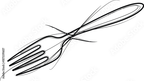 Minimalist abstract line art drawing depicting a stylized kitchen fork with dynamic swirling strokes on a clean white background emphasizing simplicity.
