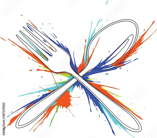Striking graphic design featuring crossed outline fork and spoon intersected by vibrant multicolored paint splashes suggesting culinary energy and artistic flair