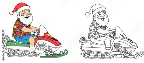 Funny tropical Santa Claus in Hawaiian shirt riding a snowmobile with a black and white line art coloring book version Christmas holiday vacation character vector illustration