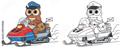 Cute cartoon owl postman riding a red snowmobile to deliver letters and packages including a black and white line art version for coloring book winter delivery character illustration