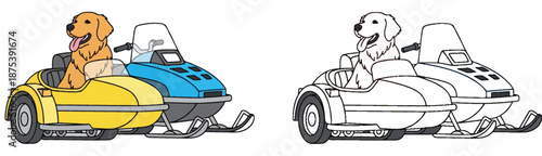Happy golden retriever dog sitting in a snowmobile sidecar with a black and white line art version for coloring book winter outdoor pet activity vector illustration for kids