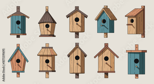 A charming illustration featuring a diverse collection of ten wooden birdhouses in various shapes, colors, and architectural styles, designed for birds to nest.