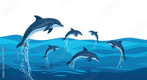 A pod of lively dolphins gracefully leaps and splashes out of the vibrant blue ocean waves under a clear sky.