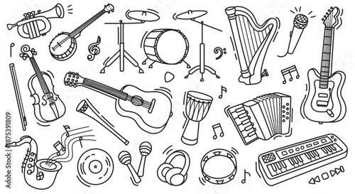 Musical instrument sketch set. Doodle saxophone, guitar and piano for jazz band or orchestra background. Hand drawn drum, violin and trumpet for sound, melody and retro party vector