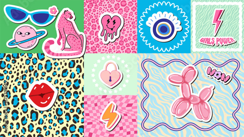 Preppy Y2K sticker. Cute girly icons, balloon dog, leopard print, lightning bolt, evil eye, heart and planet, lipstick kiss and padlock. Psychedelic grid pattern. Vector set