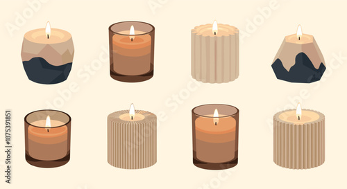 A charming collection of various decorative scented candles, featuring diverse shapes, textures, and earthy colors, each with a warm, flickering flame.