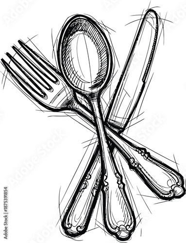 Sketch of vintage ornate silverware including a fork a spoon and a knife crossed artistically for a dining or culinary concept