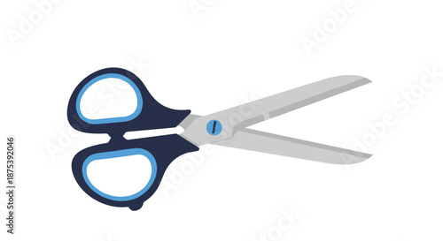 An illustration of open scissors with dark blue and light blue handles and silver blades, isolated on a white background.