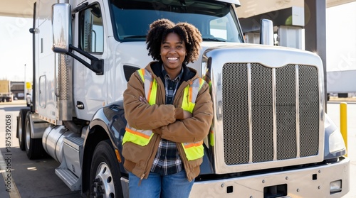 Black woman truck driver standing with crossed arms in front of semi truck vehicle outdoors. Transportation industry and logistics career success