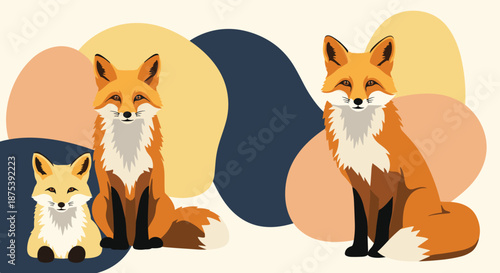 An artistic illustration depicts a family of three red foxes, an adult with a kit and another adult, sitting against a background of abstract, colorful shapes.