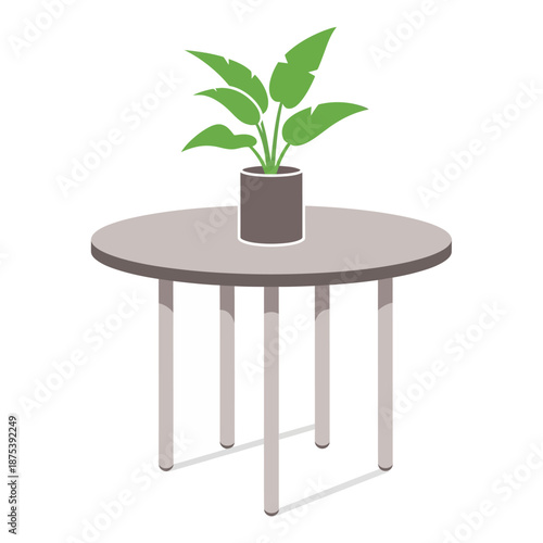 Potted green plant on a round table, modern interior design element, simple illustration