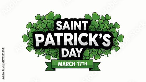 Saint Patrick's Day logo with shamrocks and the date March 17th.