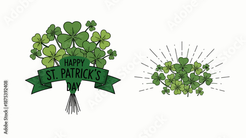 A festive collection of green shamrocks and a banner wishing a Happy St. Patrick's Day.